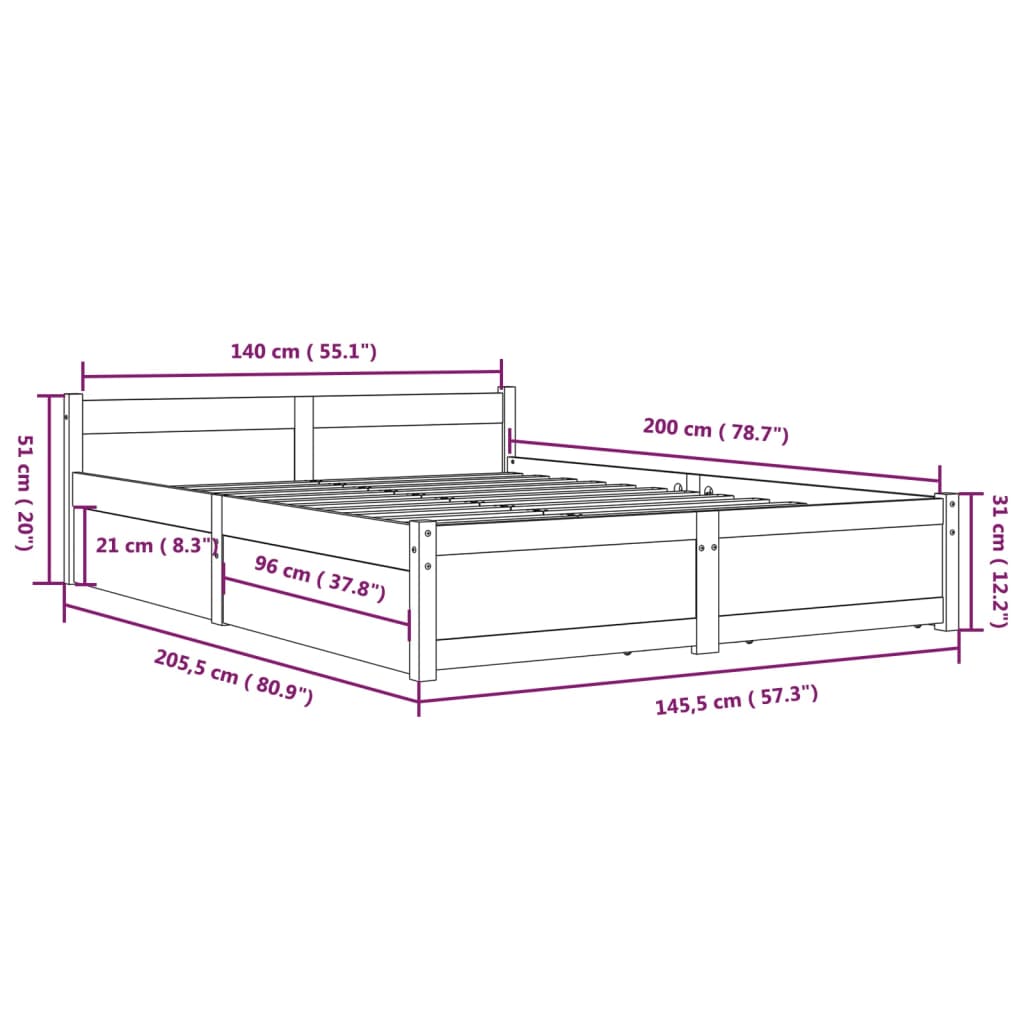 Cadre de lit sans matelas avec tiroirs blanc 140x200 cm