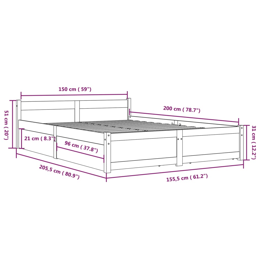 Cadre de lit sans matelas avec tiroirs