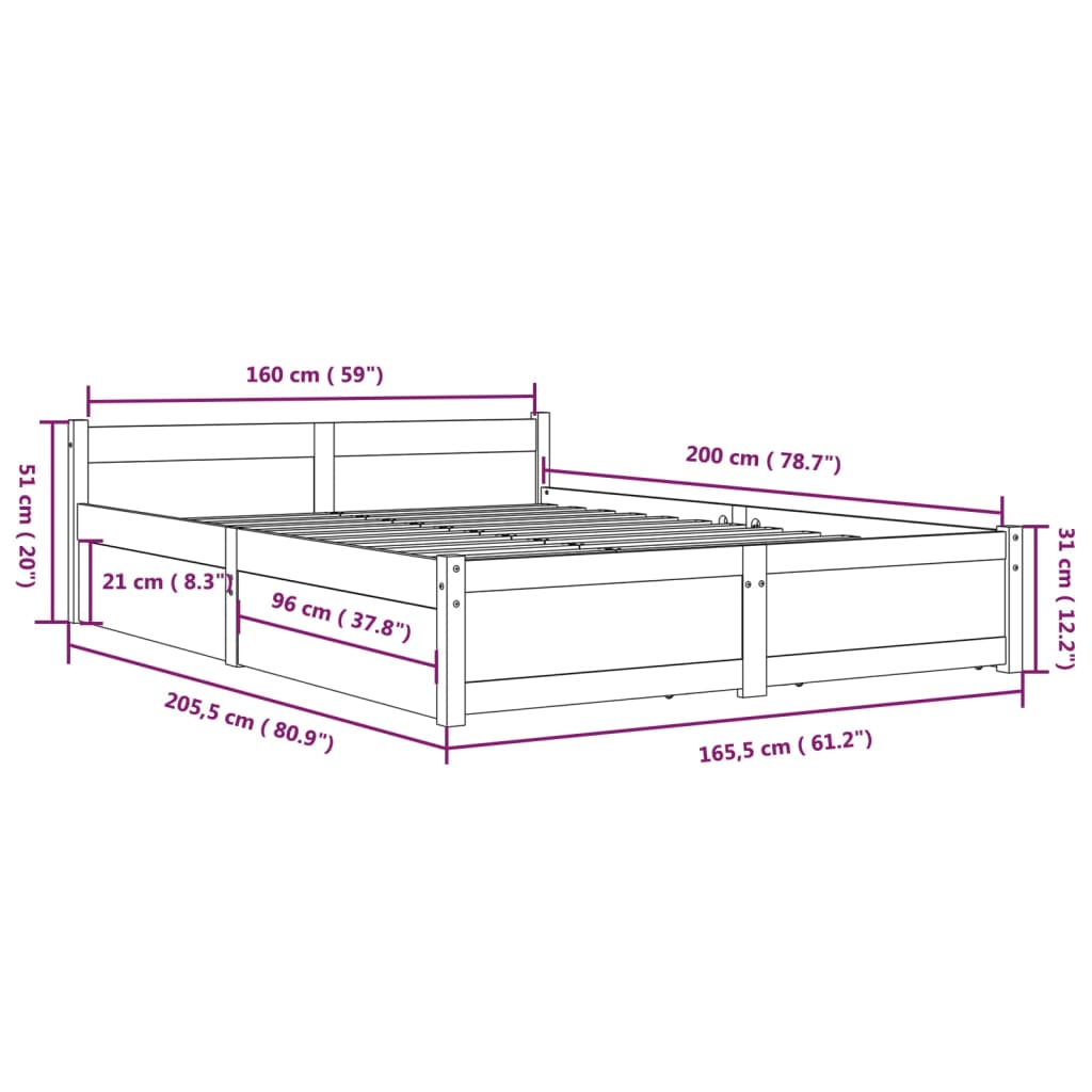 Cadre de lit sans matelas avec tiroirs blanc 160x200 cm