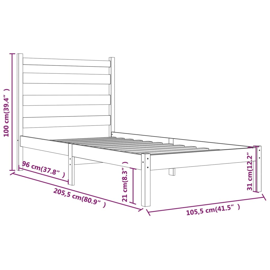 Cadre de lit sans matelas blanc bois massif 100x200 cm