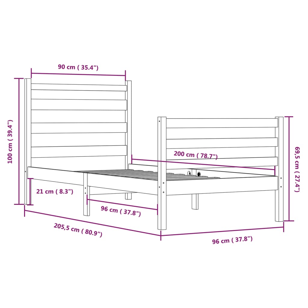 Cadre de lit sans matelas bois de pin massif 90x200 cm