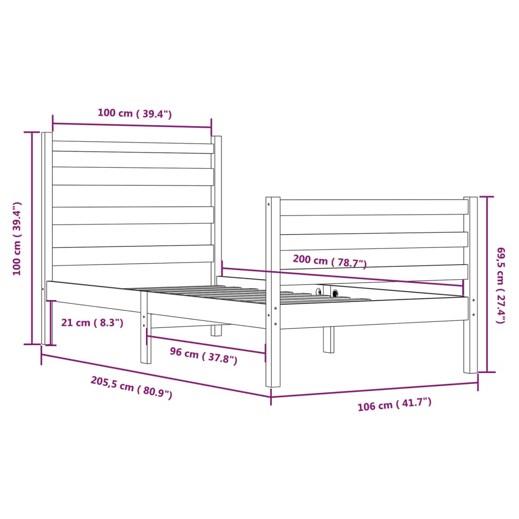 Cadre de lit sans matelas bois massif de pin 100x200 cm