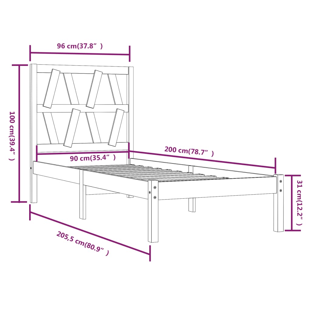 Cadre de lit sans matelas blanc bois massif 90x200 cm