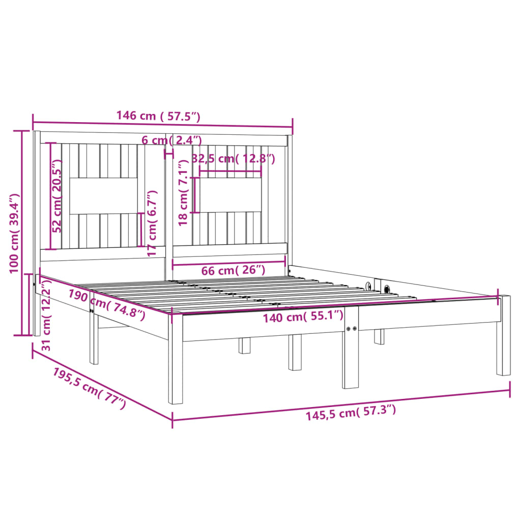 Cadre de lit sans matelas blanc bois massif 140x190 cm