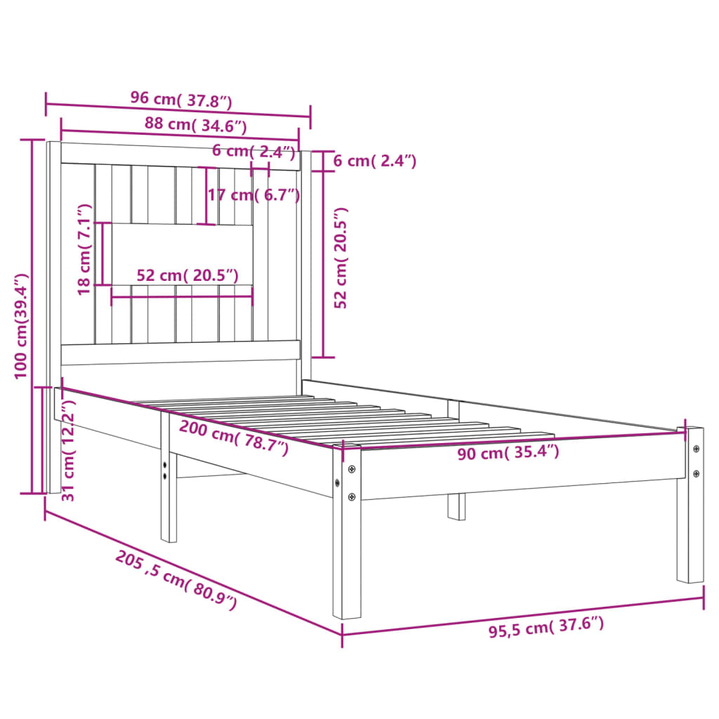 Cadre de lit sans matelas blanc bois massif 90x200 cm