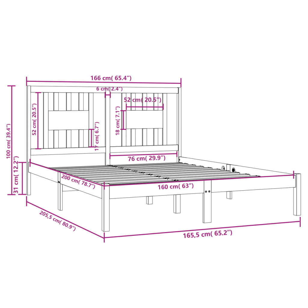 Cadre de lit sans matelas blanc bois massif 160x200 cm