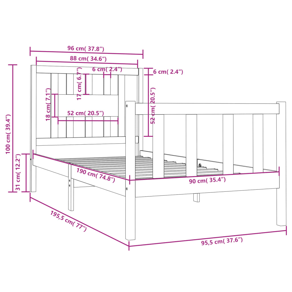 Cadre de lit sans matelas bois massif 90x190 cm