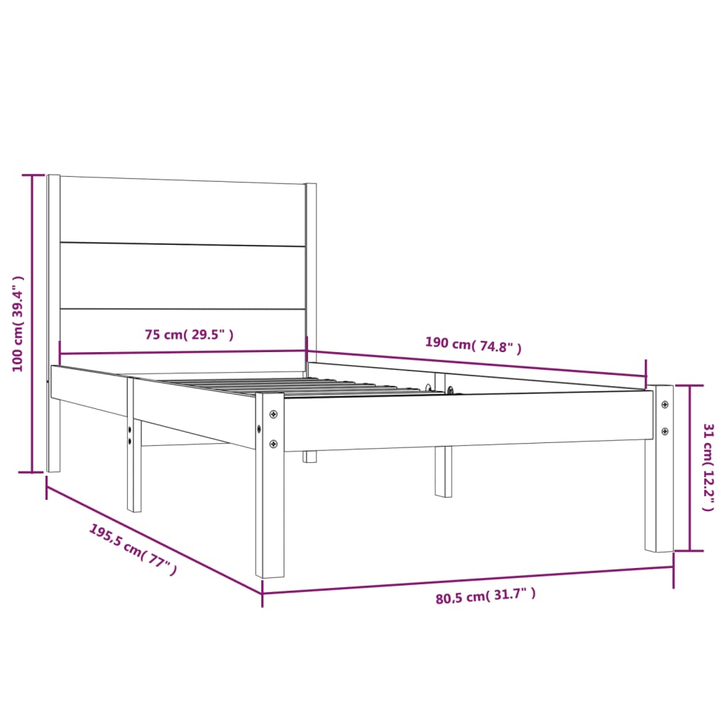 Cadre de lit sans matelas 75x190 cm bois massif