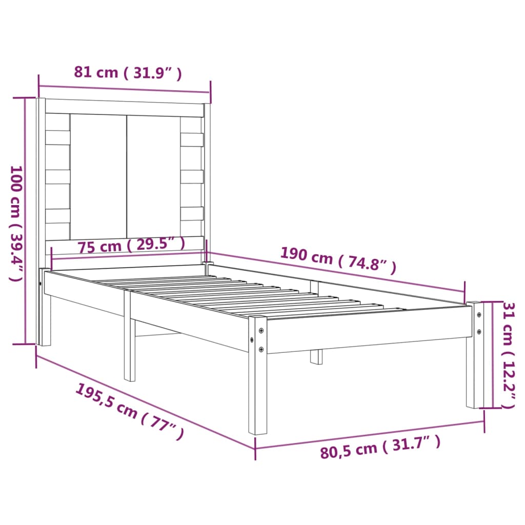 Cadre de lit sans matelas blanc 75x190 cm bois massif