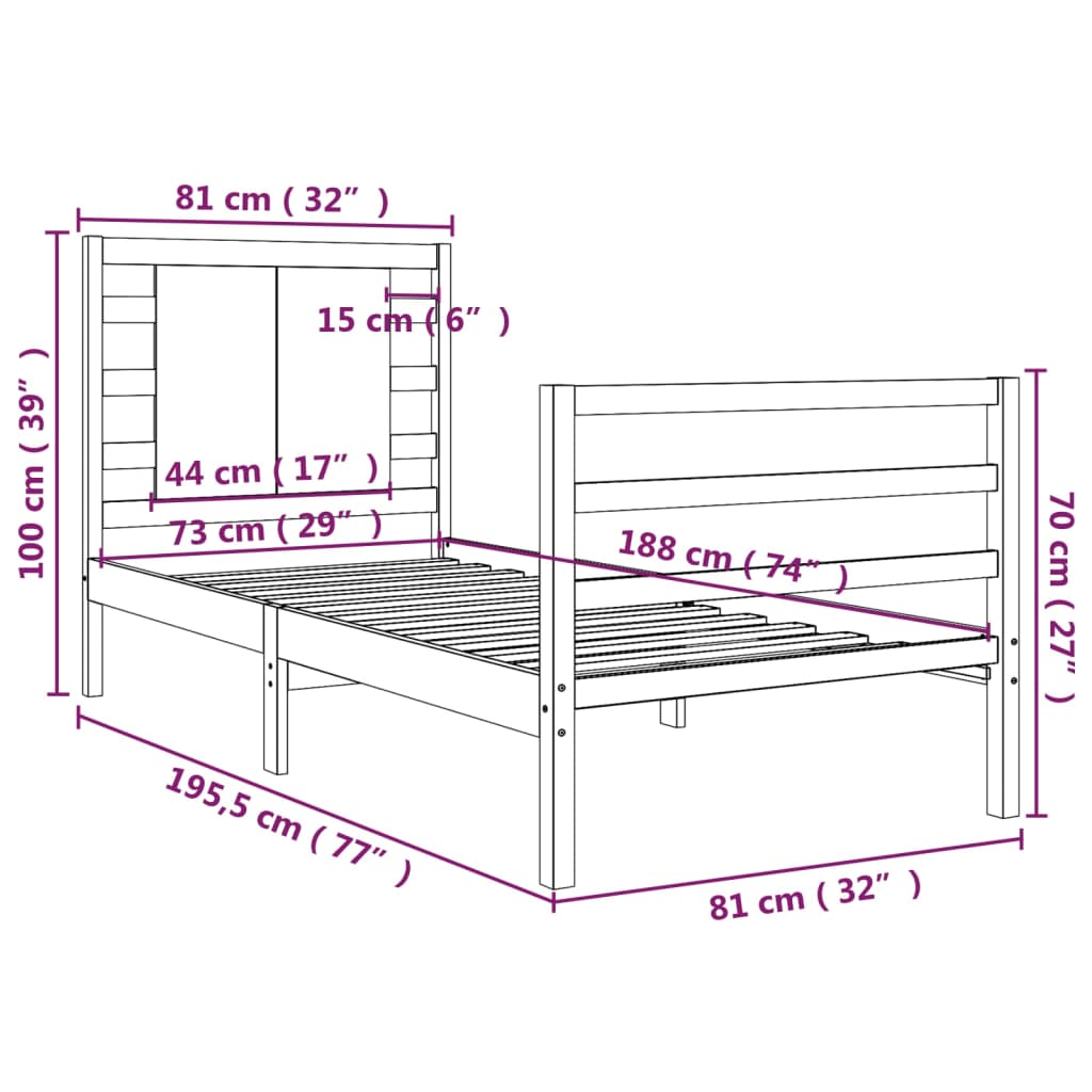 Cadre de lit sans matelas blanc 75x190 cm bois de pin massif