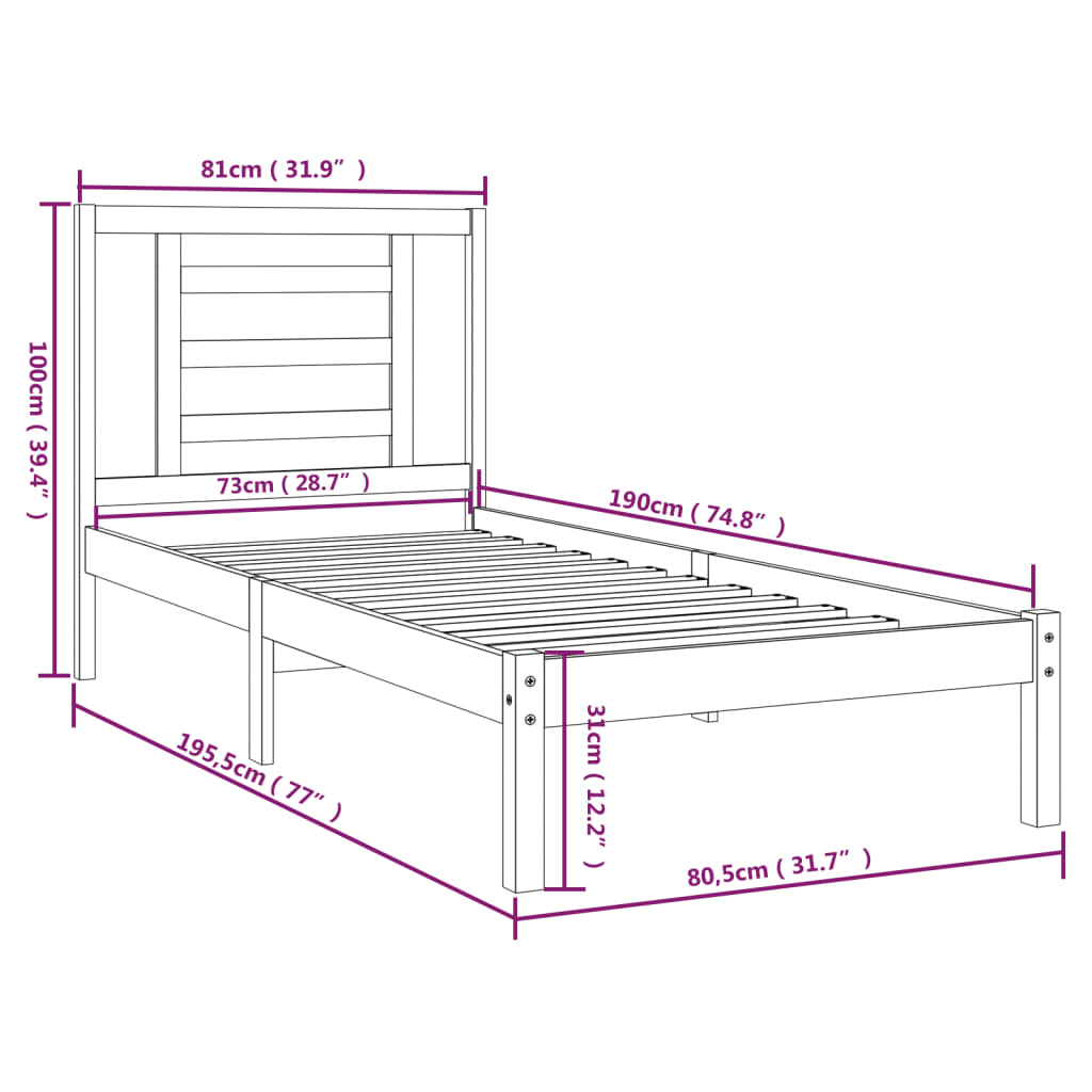 Cadre de lit sans matelas blanc 75x190 cm bois massif