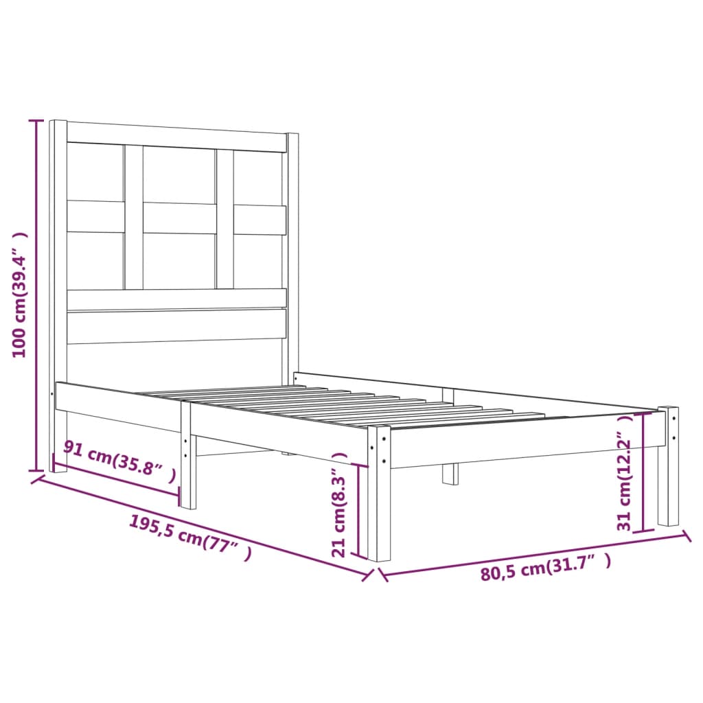 Cadre de lit sans matelas blanc 75x190 cm bois de pin massif