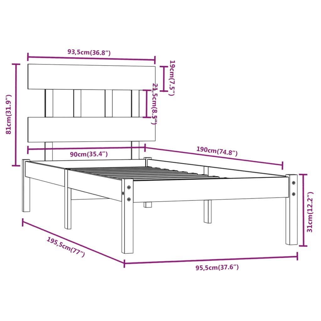 Cadre de lit sans matelas blanc 90x190 cm bois massif