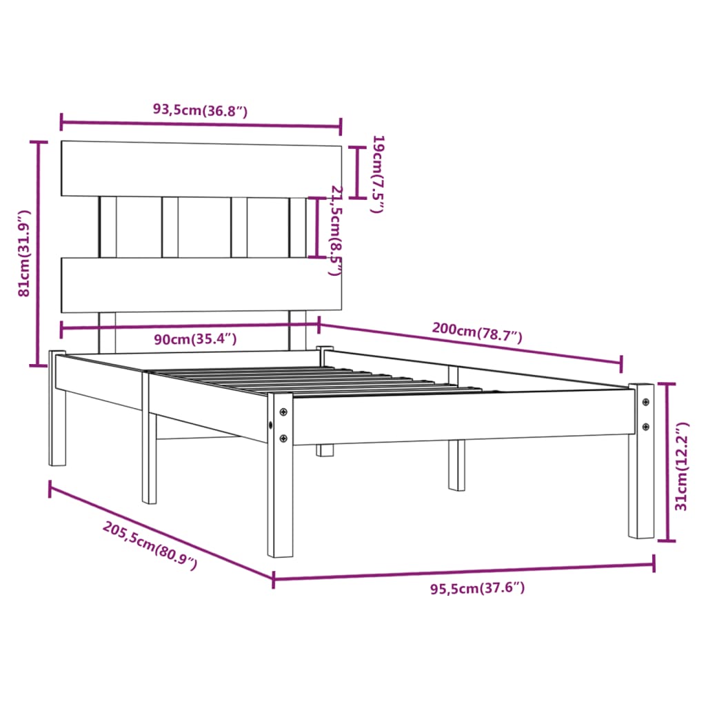 Cadre de lit sans matelas blanc 90x200 cm bois massif