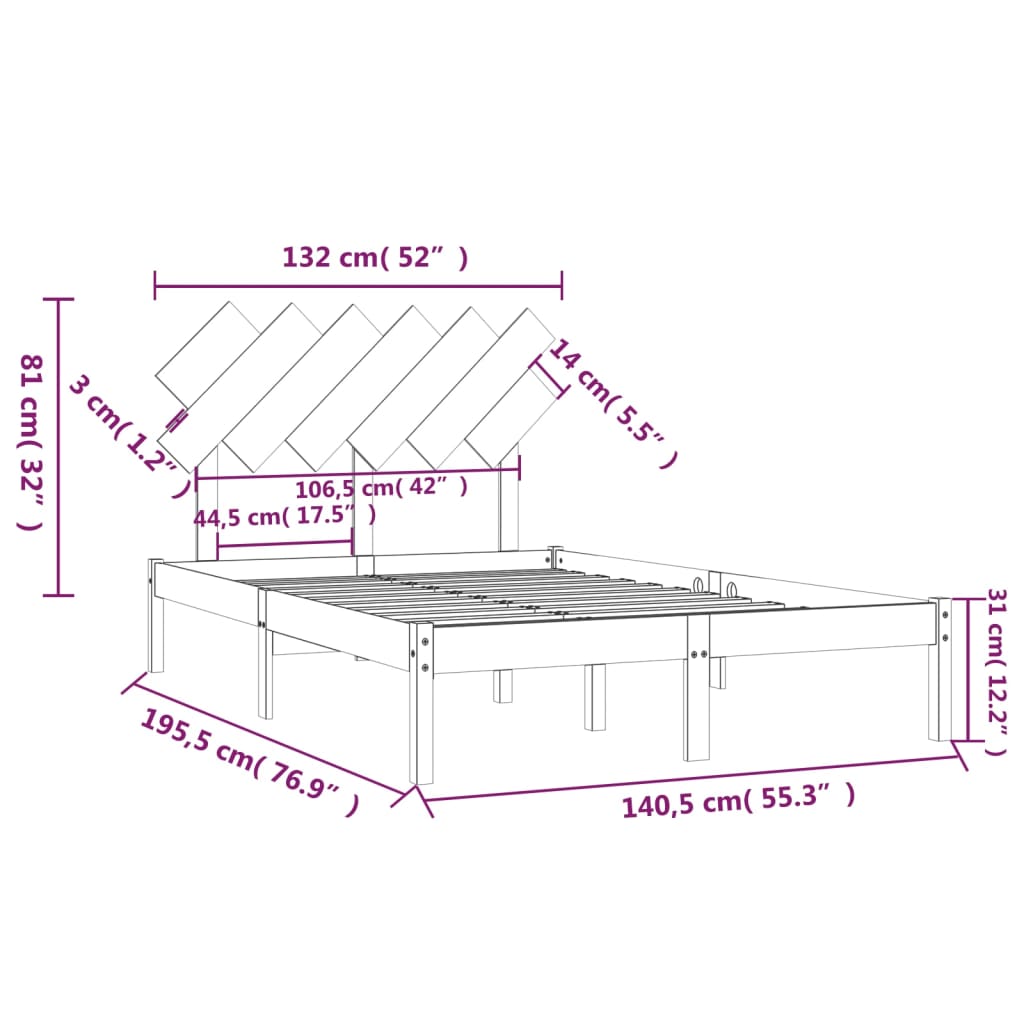 Cadre de lit sans matelas gris 135x190 cm bois massif