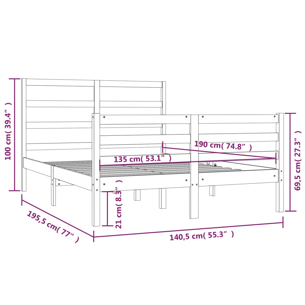 Cadre de lit sans matelas bois massif de pin 135x190 cm