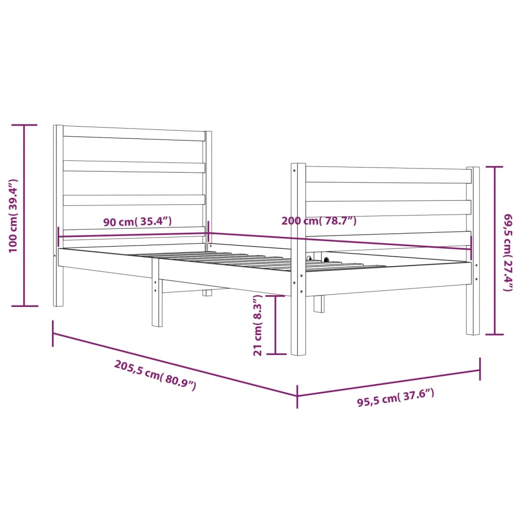 Cadre de lit sans matelas blanc bois de pin massif 90x200 cm