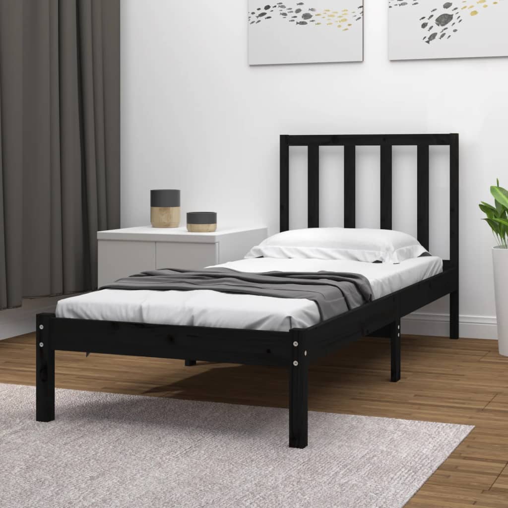 Cadre de lit sans matelas noir bois de pin massif 90x190 cm