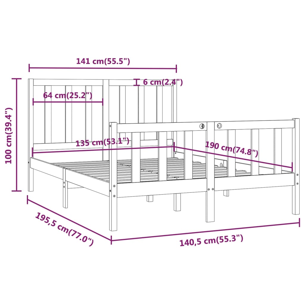 Cadre de lit sans matelas noir 135x190 cm bois massif