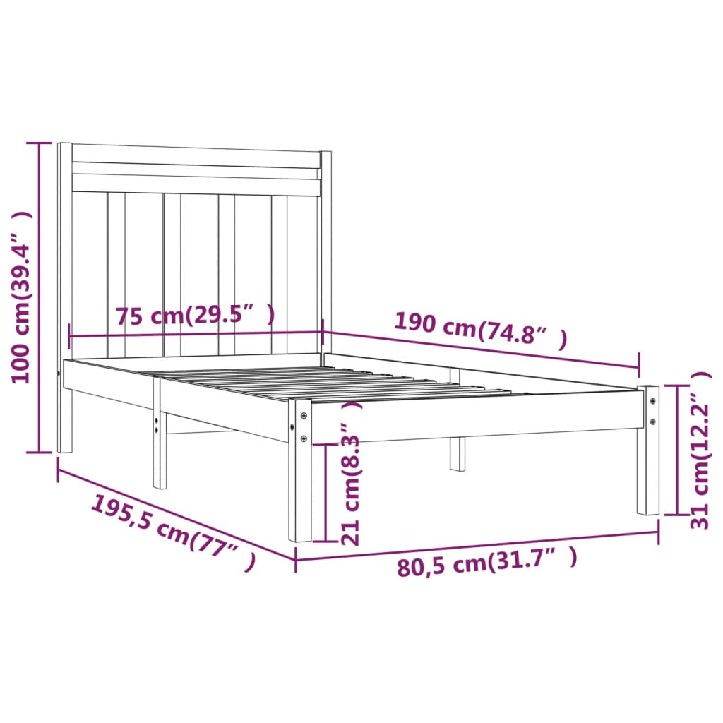 Cadre de lit sans matelas noir 75x190 cm bois massif