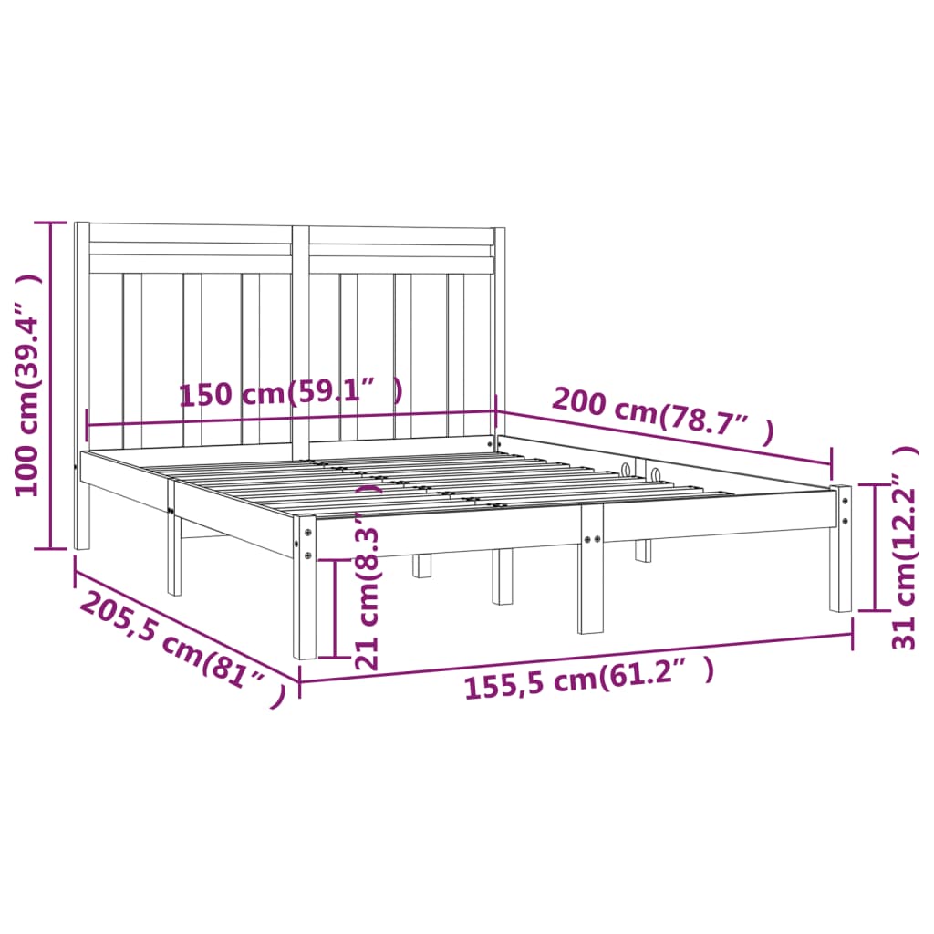 Cadre de lit sans matelas noir 150x200 cm bois massif