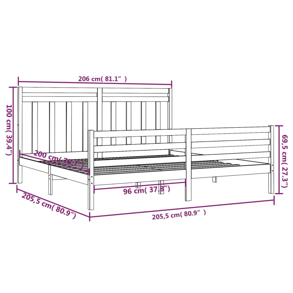 Cadre de lit sans matelas gris 200x200 cm bois massif