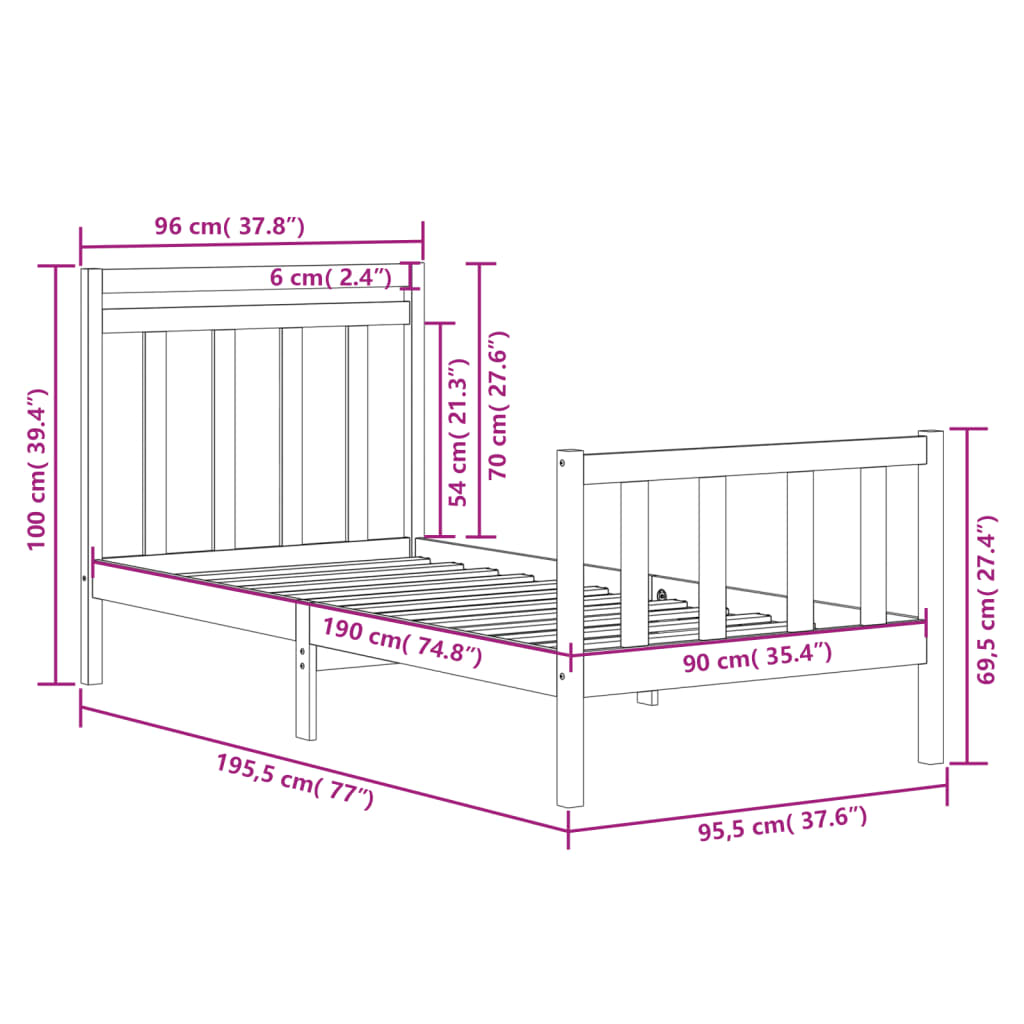 Cadre de lit sans matelas 90x190 cm bois massif