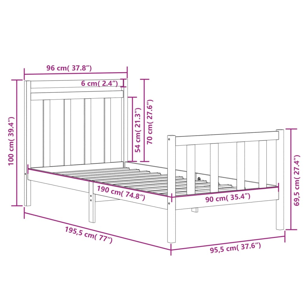 Cadre de lit sans matelas noir 90x190 cm bois massif