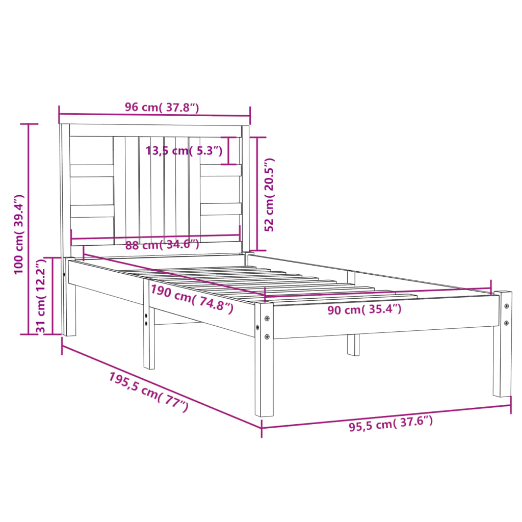 Cadre de lit sans matelas blanc 90x190 cm bois massif