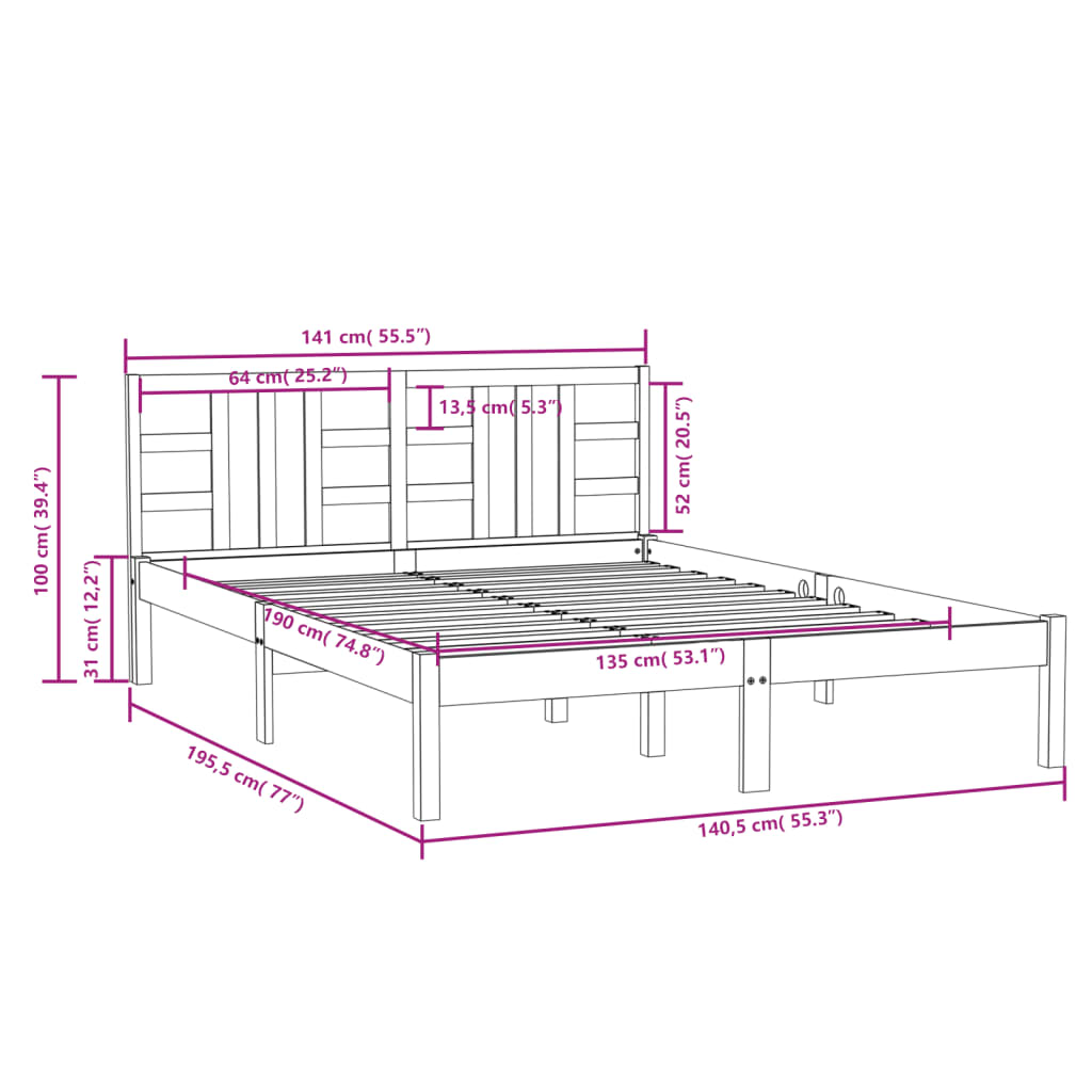 Cadre de lit sans matelas 135x190 cm bois massif