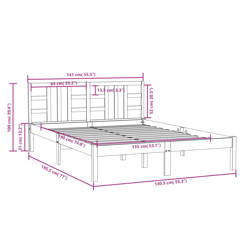 Cadre de lit sans matelas blanc 135x190 cm bois massif