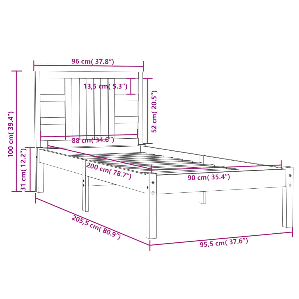 Cadre de lit sans matelas blanc 90x200 cm bois massif