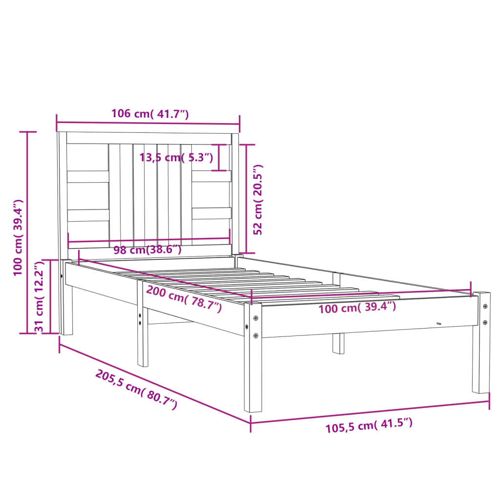 Cadre de lit sans matelas blanc 100x200 cm bois massif