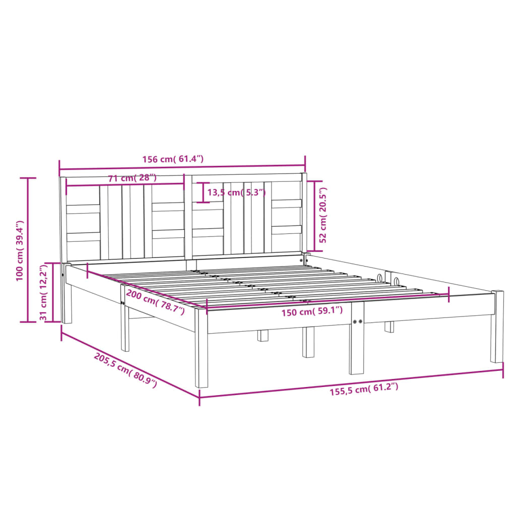 Cadre de lit sans matelas blanc 150x200 cm bois massif