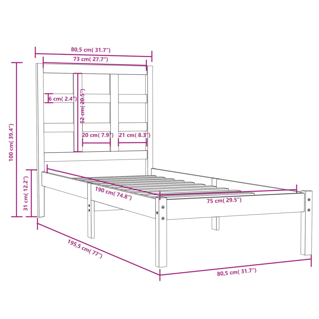 Cadre de lit sans matelas blanc 75x190 cm bois massif