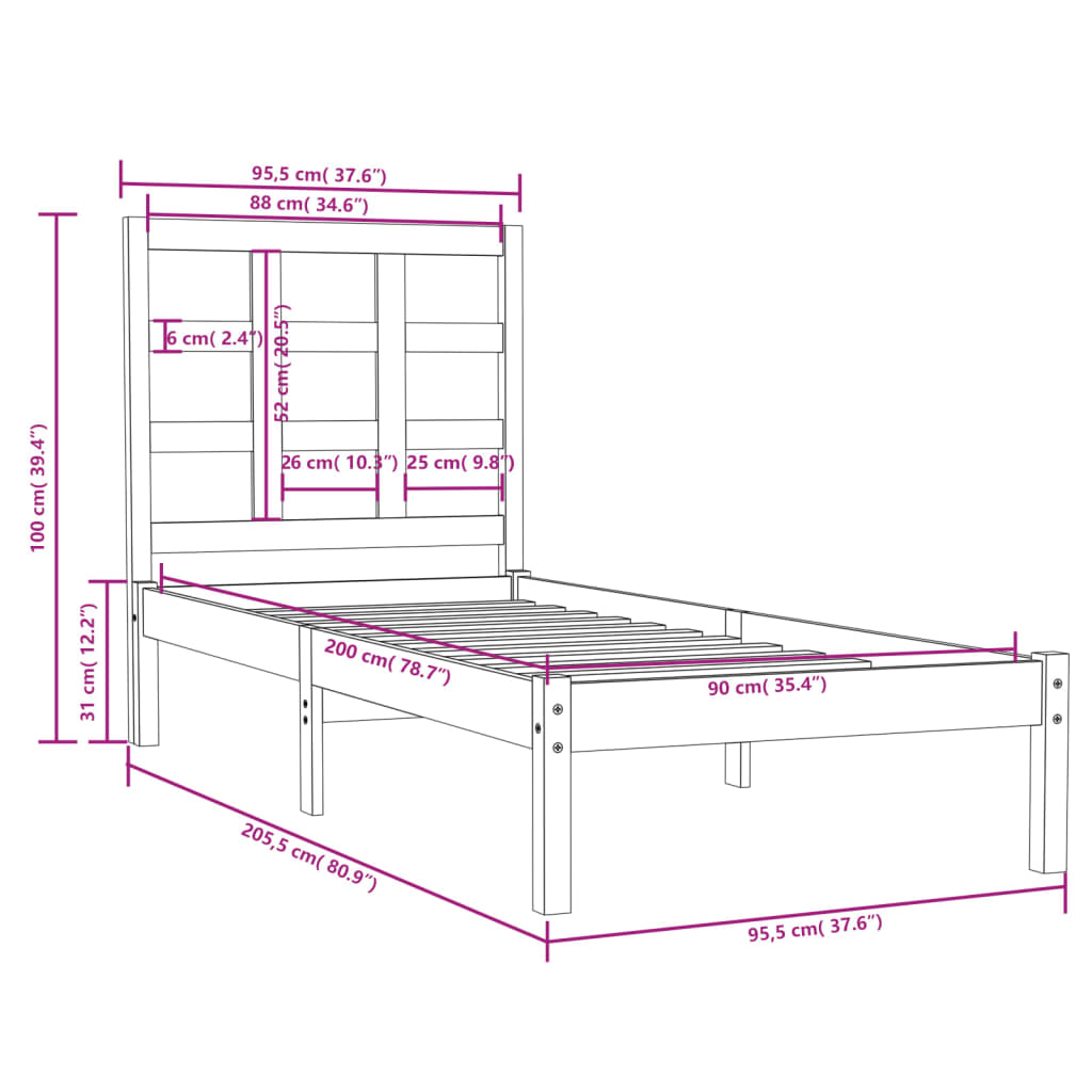 Cadre de lit sans matelas blanc 90x200 cm bois massif