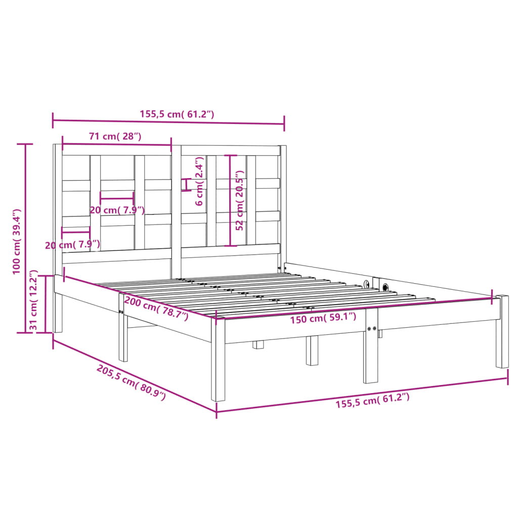 Cadre de lit sans matelas blanc 150x200 cm bois massif