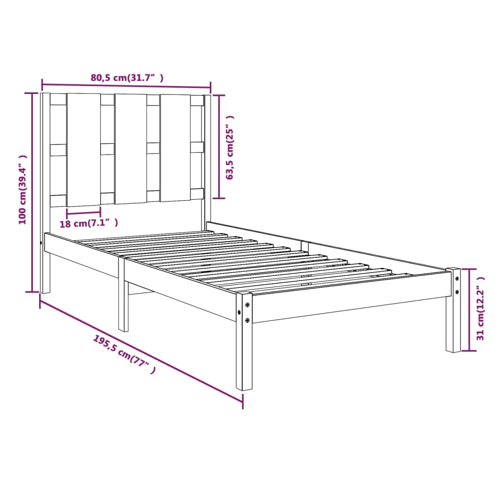 Cadre de lit sans matelas blanc 75x190 cm bois massif