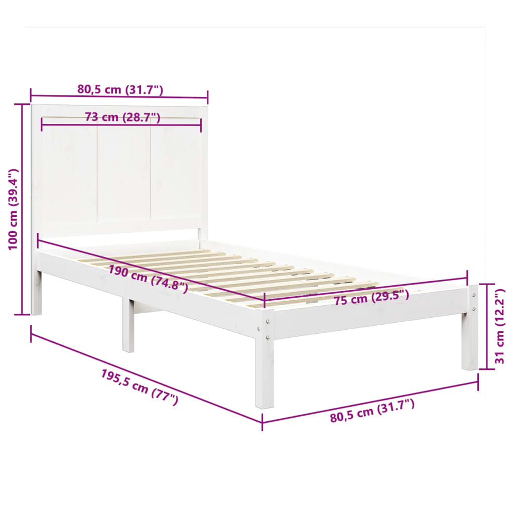 Cadre de lit sans matelas blanc 75x190 cm bois de pin massif