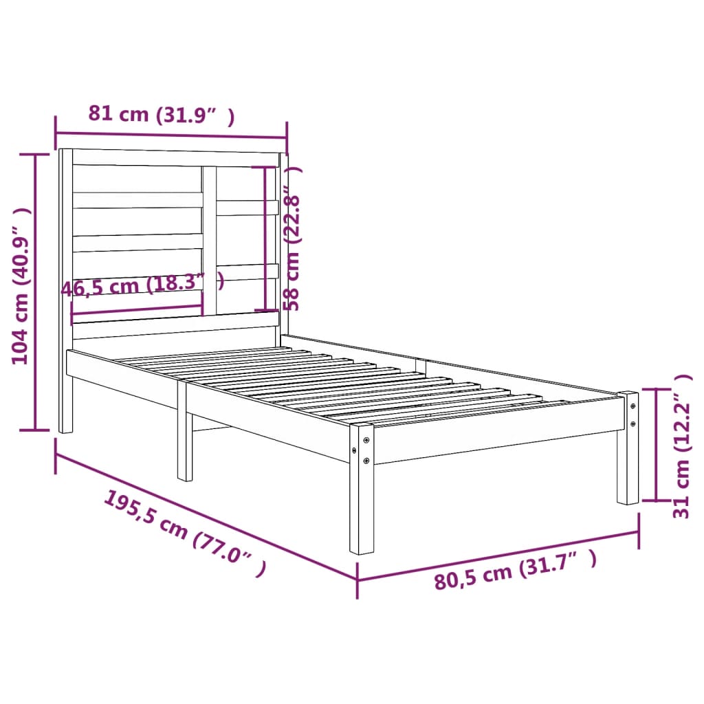 Cadre de lit sans matelas bois massif 75x190 cm