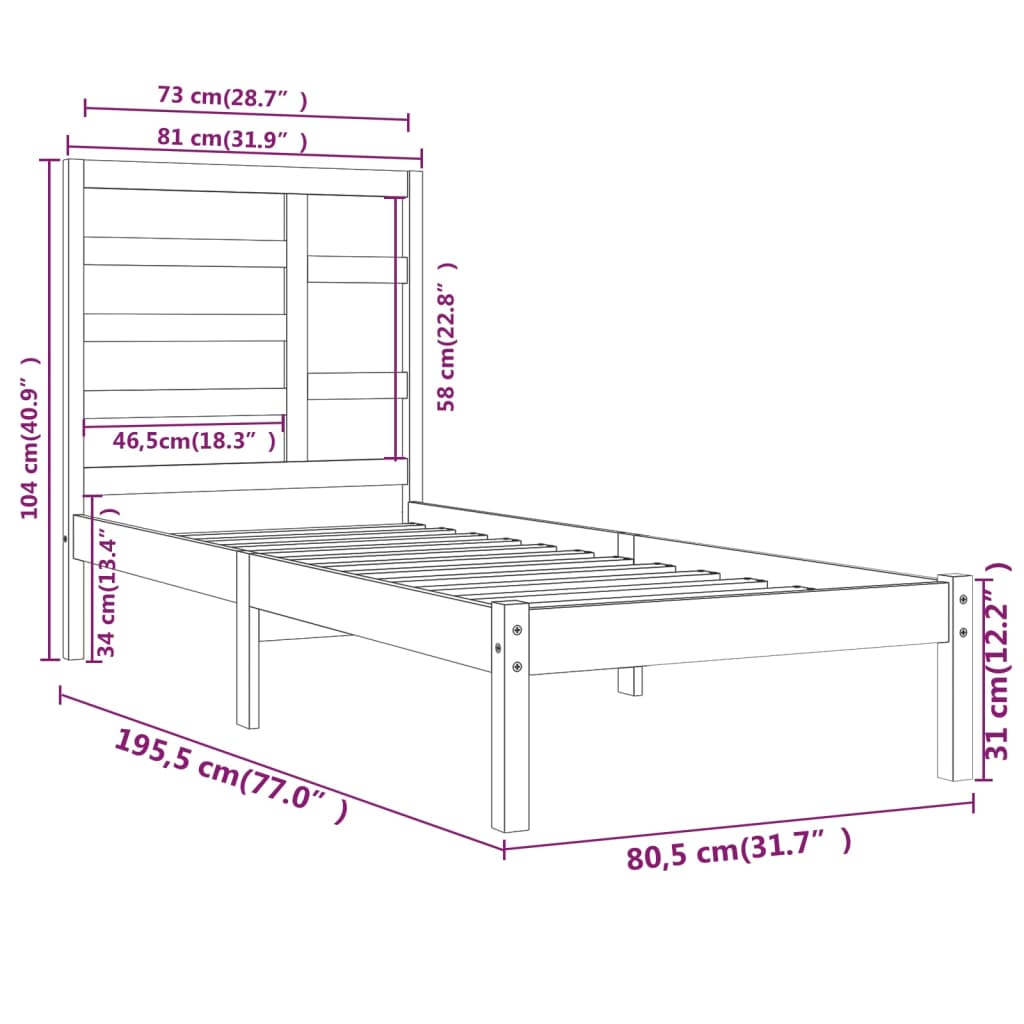 Cadre de lit sans matelas blanc bois massif 75x190 cm