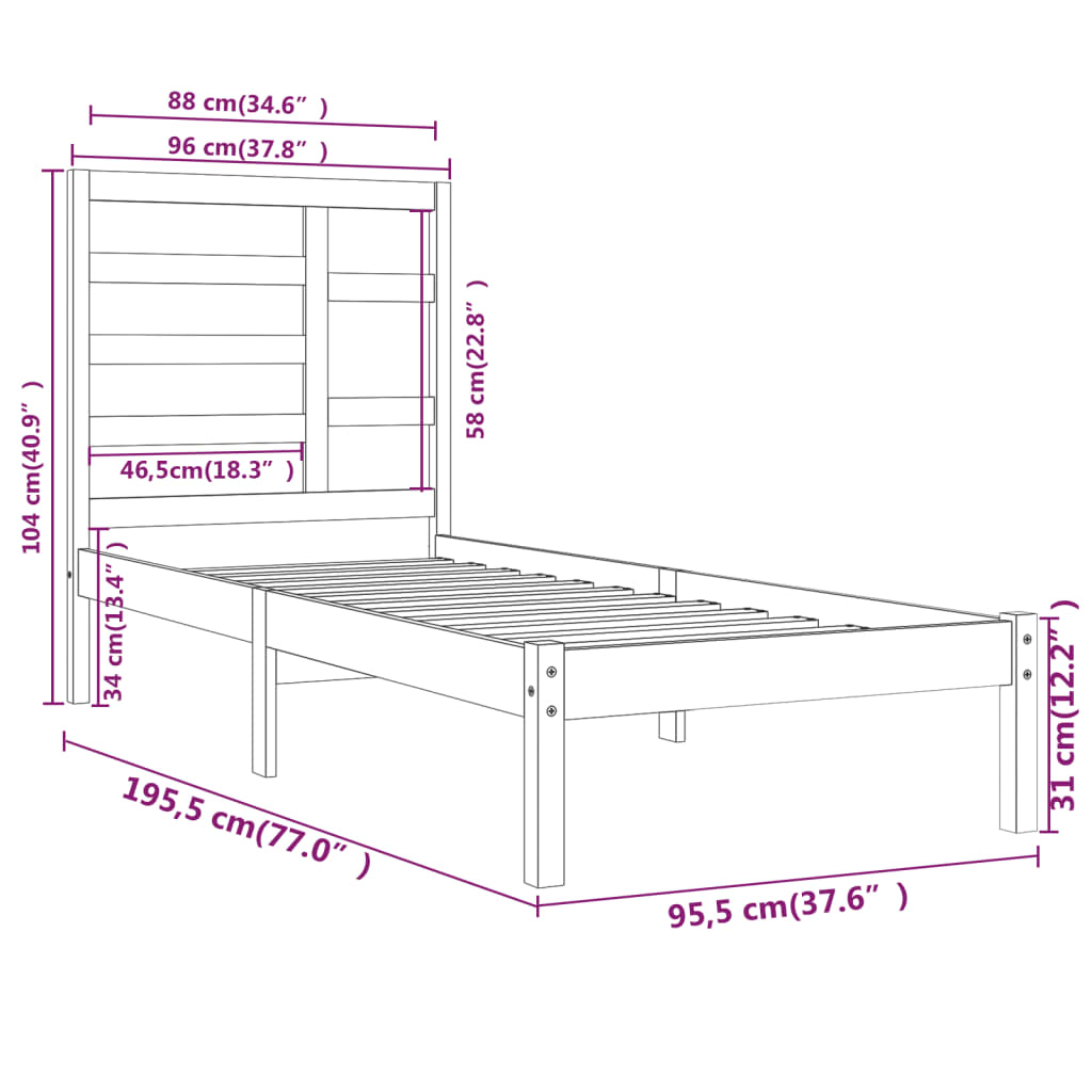 Cadre de lit sans matelas blanc bois massif 90x190 cm