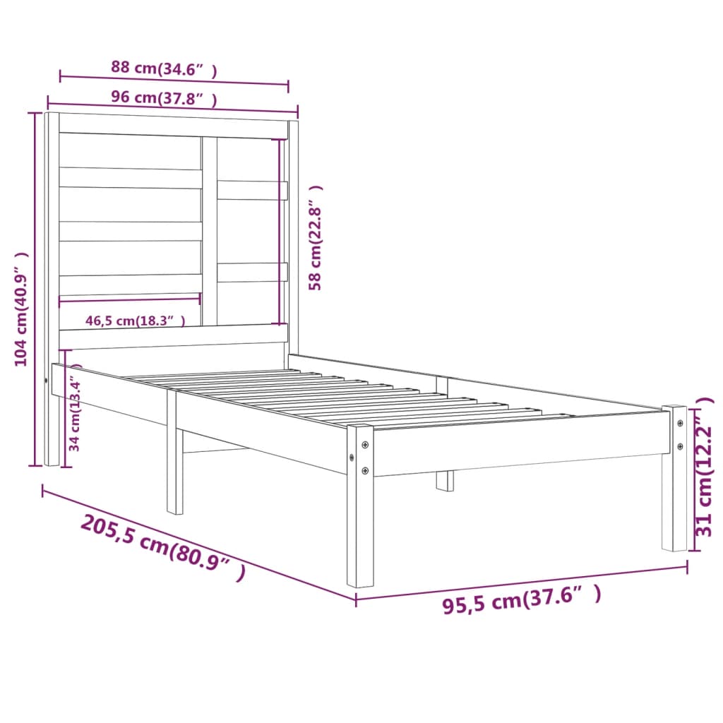 Cadre de lit sans matelas blanc bois massif 90x200 cm