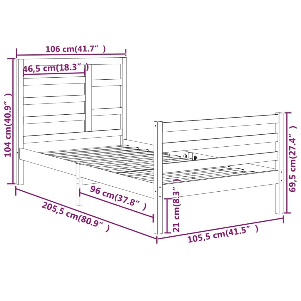 Cadre de lit sans matelas bois massif 100x200 cm