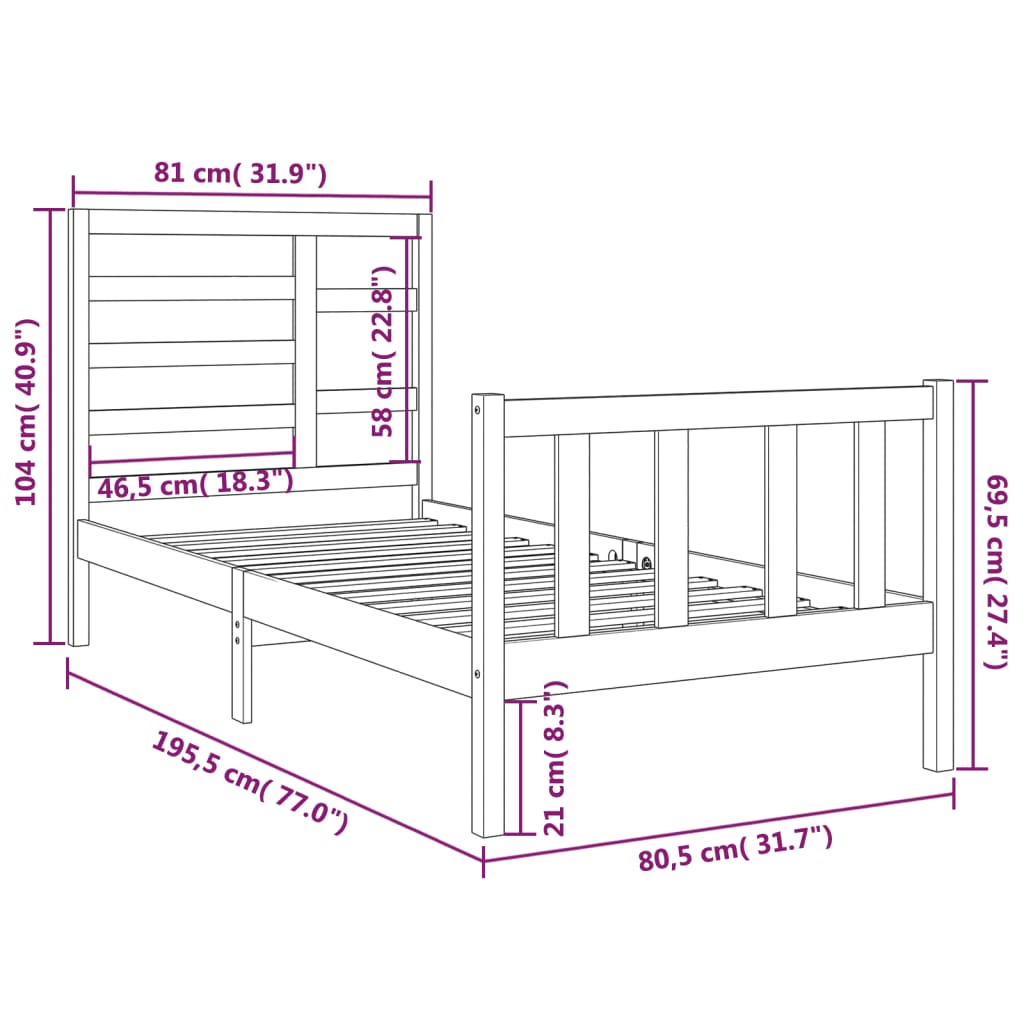 Cadre de lit sans matelas bois massif 75x190 cm