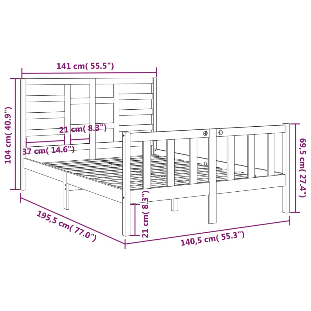 Cadre de lit sans matelas bois massif 135x190 cm