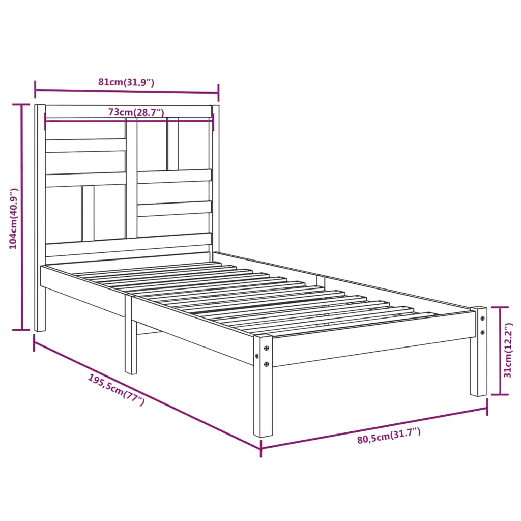 Cadre de lit sans matelas bois massif 75x190 cm