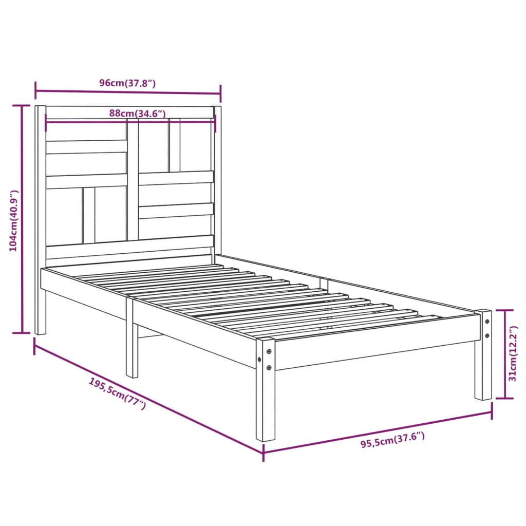 Cadre de lit sans matelas blanc bois massif 90x190 cm