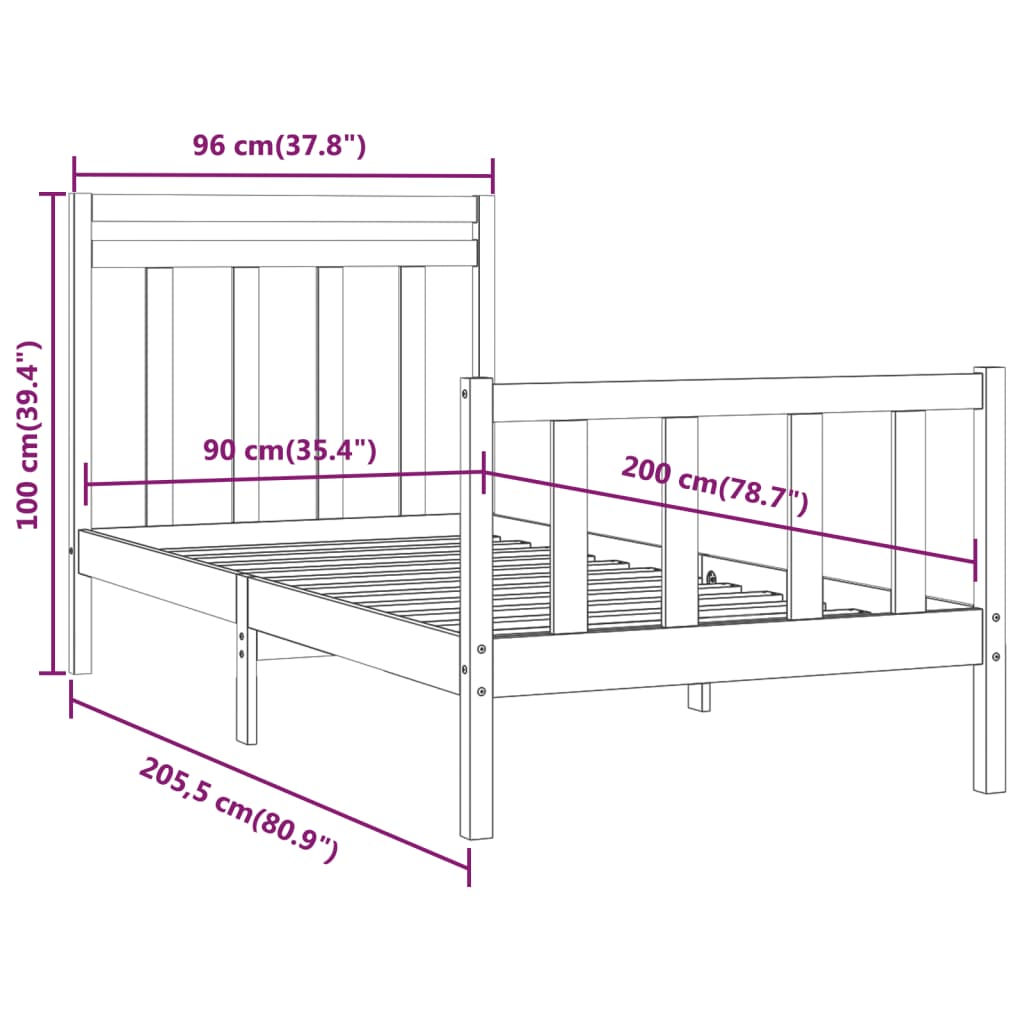 Cadre de lit sans matelas bois de pin massif 90x200 cm