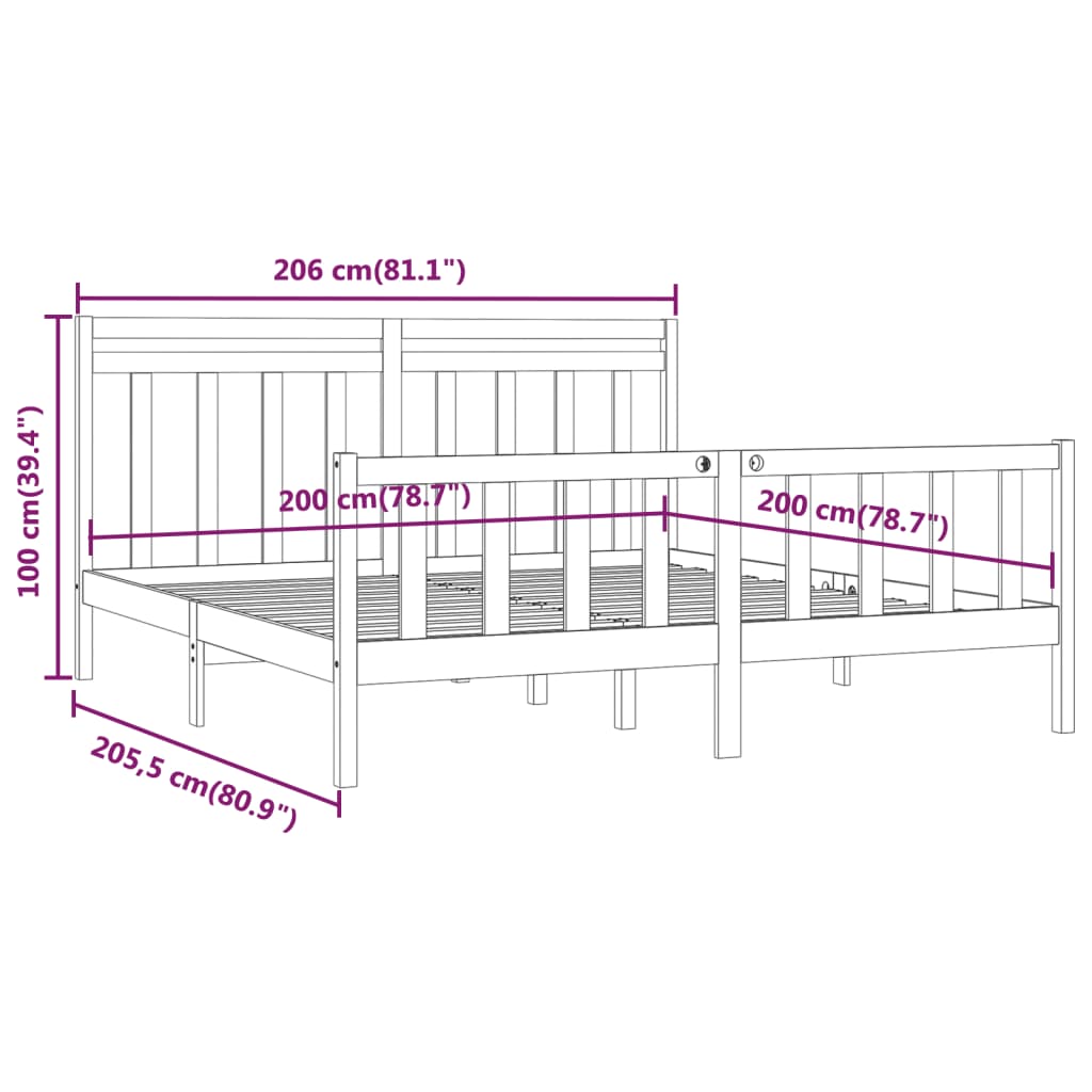 Cadre de lit sans matelas noir bois massif de pin 200x200 cm